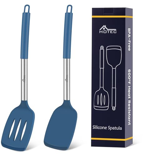 HOTEC Silicone Spatula Set of 2 Heat-Resistant 600°F & BPA-Free Kitchen SaptulaTurner with Stainless Steel Handles, Slotted & Solid Spatulas for Nonstick Cookware, 13.7 Inch, Classic Blue