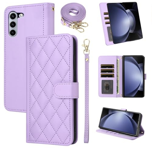 ELISORLI Handyhülle für Samsung Galaxy Z Fold 5 Hülle mit Band Kartenfach Klappbar Geldbörse Ständer Leder Dünn Slim Wallet Handykette ZFold5 Z5 Fold5 5G Handy Hüllen Schutzhülle Phone Case Violett