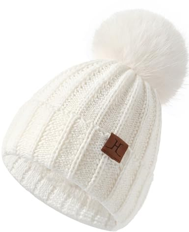 Valkgard Womens Winter Hat with Pom Pom, Knit Fleece Beanie Hats for Women Cold Weather, Warm Toboggans Cap (White)