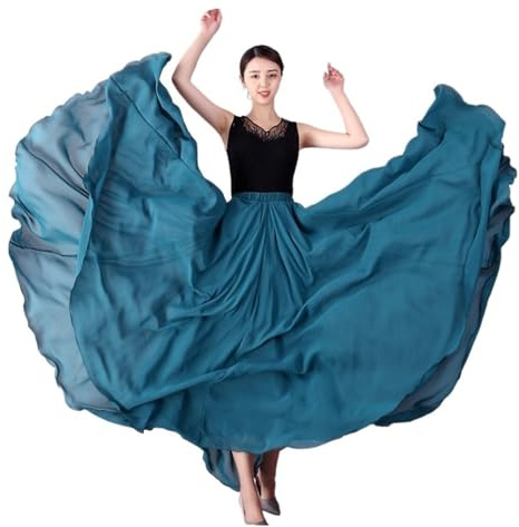 Gonna a Ruota Intera Gonna in chiffon da 720 gradi, ballerina, zingara, pattinaggio, gonna lunga, abbigliamento da pratica, gonna da ballo professionale da palcoscenico(Peacock blue,M Length 85cm)