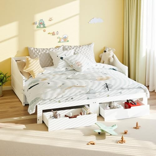 Yeutre - Cama de sofá de 2 plazas convertible, 90/180 x 200 cm, sofá cama extensible con cajón de almacenamiento, banco de camas infantiles de madera maciza multifuncional con somier de láminas, sin
