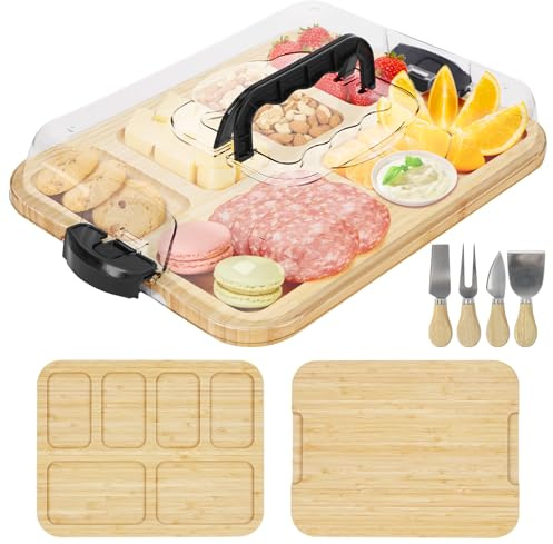 Reversible Charcuterie Board with Lid, 2 in 1 Portable Cheese Board and Knife Set with Carry Handle for Travel Grazing Board for Picnic Accessories