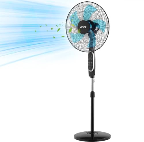 VEVOR 18-Inch Pedestal Fan, 2700 CFM Standing Floor Fan with Remote Control, 9 Speeds & 3 Modes, Oscillating Adjustable Height, Quiet DC Motor 5-Blade for Home, Bedroom, Garage, Workshop, Black
