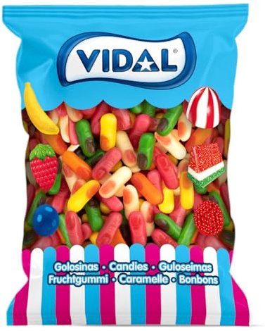 Vidal Golosinas. Mini Dedos sabor frambuesa. Colores surtidos: blanco, amarillo, naranja, verde y rosa. Bolsa de 1 kg.