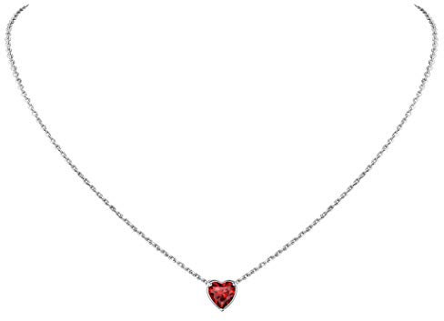 Suplight Damen Romantische Kristall Halskette Herzform Silber 925 Anhänger mit synthetischem Granate Geburtsstein von Januar roter Zirkonia 40+5cm/1,5mm Rolokette Minimalist Schmuck für Mädchen