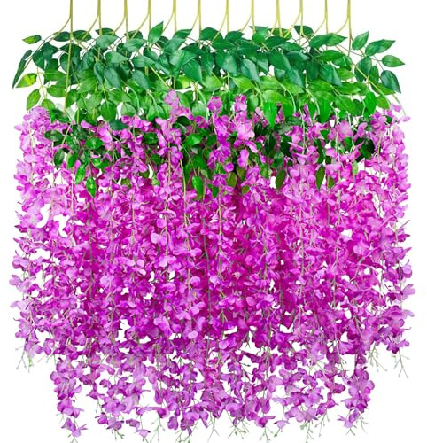 SMALUCK Artificial Fake Wisteria Vine Hanging Garland Silk Flowers String Home Party Wedding Decor, Purple Red 12 Pack