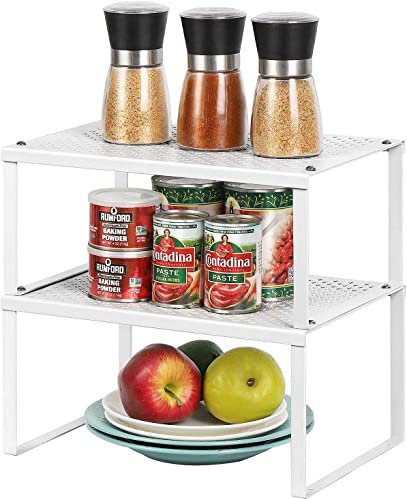 LIANTRAL Küchenschrank Organizer 2er Set, Küchen Organizer, Erweiterbar und Stapelbar Küchenregal, Gewürzregal, Metall kleines Regal für Küchenschrank Arbeitsplatte Speisekammer, Weiß