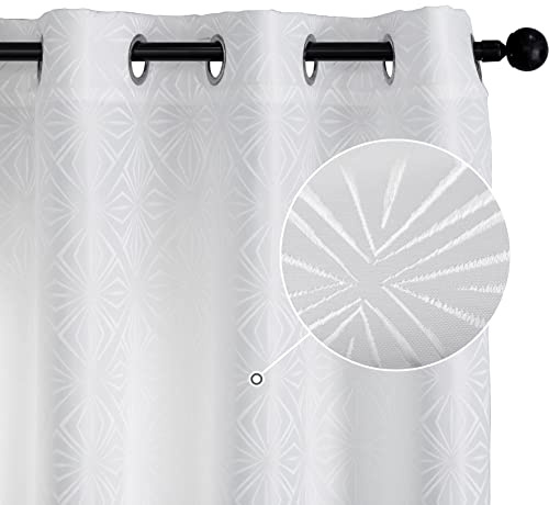 GIRASOLE HOME Coppia Tende Jacquard Semi Oscuranti Fantasia Rombi Tenda Filtrante per Soggiorno Camera e Interni 2 Pannelli con Occhielli (140x235cm, Bianco)