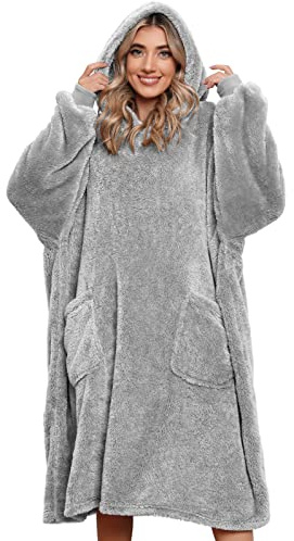 Tuopuda Sweat à Capuche Femme Homme Couverture Polaire Chaud Pull Hiver Plaid Peignoir Manche Longue Sweatshirt Doux Pullover Hoodie Chaude avec Poche pour Une Soirée Télé, Light Gris