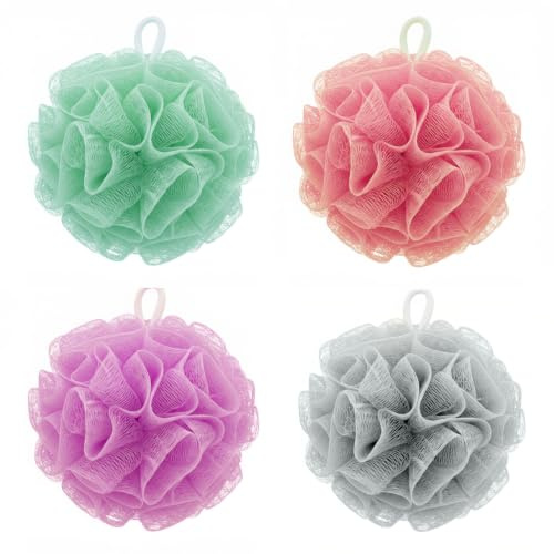 Elysium Spa Pack of 4 Mesh Exfoliating Bath & Shower Body Puff Sponges | Loofah Sponge For Showers, Baths To Exfoliate Scrub Wash Skin - Bathing Scrubber Poufs (Rose, Seafoam, Mauve & Grey)