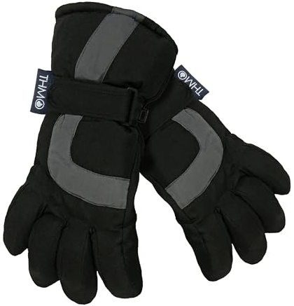 THMO Kids Thinsulate Ski Gloves for Winter Waterproof Fleece Lined Thermal Warm Ski Gloves for Boys (12-13 Years, Black)