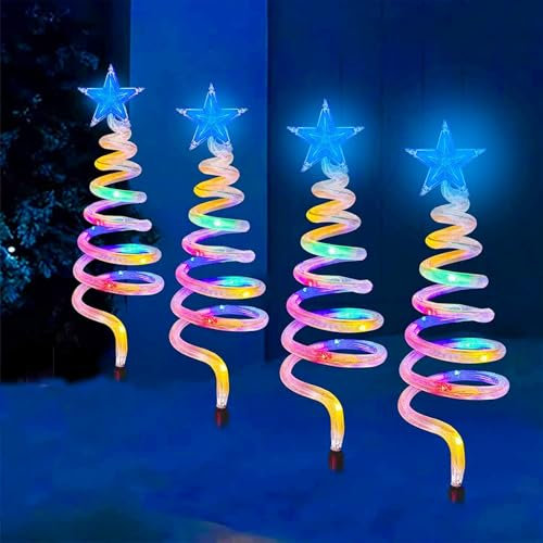 Festive Fix 48 LED Spiral Christmas Tree Pathway Lighting - Multicolored Set of 4 Outdoor Xmas Decorations for Garden Paths, Tree Lights for Pathways, Walkways, and Holiday Displays