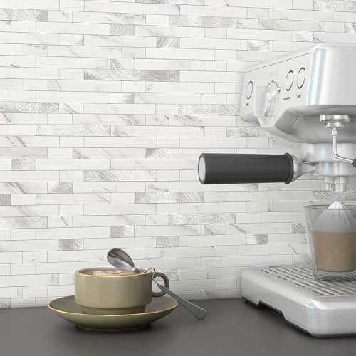 M MOFIT 3d Selbstklebende Fliesen Fliesenaufkleber Wandfliese Küche Mosaikfliesen Steinoptik Bad Wasserdicht(10 Matten,Weiß Silber)