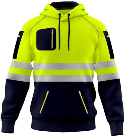 Mens Hi Vis Work Wear Pullover Hoodie Safety Sweatshirt Reflective Tape High Viz Hoodie High Visibility Sweatshirt Top Multi Zipper Pockets S-2XL