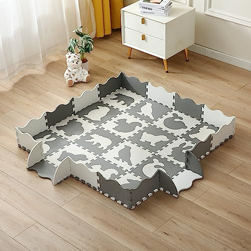 INTOMENG Alfombra Puzzle Infantil para Bebe Niños Alfombrilla Juego Puzzle con Valla 16+20 Piezas Colchoneta Rompecabezas bebé Suelo Acolchado para Bebes Acolchado Tapete Gateo 142×142×1cm