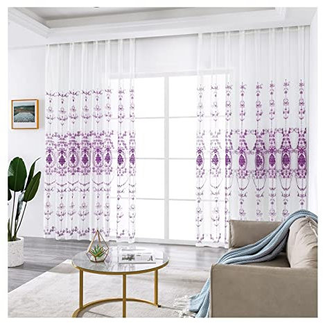 Aotiwe Gardinen Durchsichtig, Gardinen Wohnzimmer Halblang Vintage Muster Lila Baumwolle Leinen Polyester 2 Stücke 107X214cm