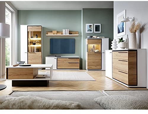 Wohnwand Set inkl. Beleuchtung in weiß Eiche Nb. Absetzungen in schwarz matt, modern, Couchtisch, Sideboard, Vitrine, Hochschrank, Lowboard, Regal