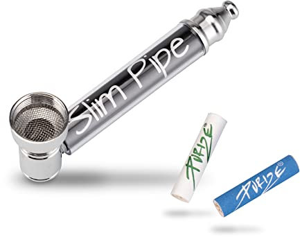 Slim Pipe - Rauchpfeife Tabakpfeife mit Aktivkohle Fach - inklusive Edelstahl Einlegesieb und 2 x 6mm Aktivkohlefilter - 7 cm Pur Pfeife aus Metall für Tabakwaren