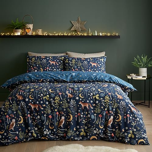 Catherine Lansfield Parure de lit Double réversible avec Housse de Couette et taies d'oreiller Motif Animaux du crépuscule enchanté Bleu Marine