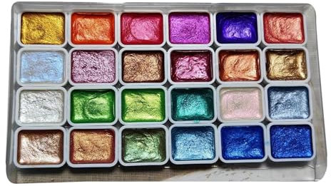 Me-tallic Aquarellfarben Set, 24 Farben Glitzer Aquarell Me-tallic Farben Schimmernde Aquarellfarbe Gouache Farben Set Tragbaren Metallkoffer Geschenk Für Künstler Maler