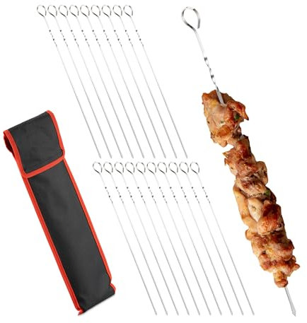 Relaxdays Grillspieße Edelstahl, 20er Set Schaschlik-Spieße, mit Tasche, Fleisch & Gemüse, 39 cm, Metallspieße, Silber