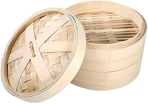 ANSNOW Dampfgarer, 2 Etagen, Bambus-Dampfkorb Mit Deckel, Chinesischer Natürlicher Reiskocher Für Die Küche Zu Hause, Restaurant Usw. (22 Cm)/Braun/22Cm