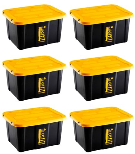 AC - Pack de 6 Cajas de almacenaje apilable con Tapa, plástico, cajón Multiusos, ordenación, Herramientas, hogar, Fabricada en España (Amarillo y Negro - 17 litros - 39,5 x 31,5 x 22 cm)