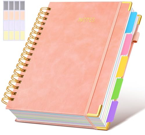Hardcover Spiral Notebook Journal with Removable Dividers Tabs, 300 Pages Leather 5 Subject Notebook College Ruled, 8x10 Large B5 Notebooks for Work School Note taking, Lined Journal for Women, Pink