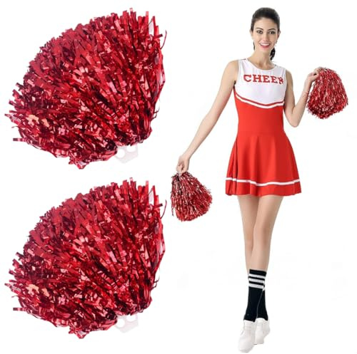 LQIOACU 2 Pezzi Rosso Pon Pon Cheerleader, Pom Pom Cheerleader, Pom Pom Cheerleading Accessorio Danza per Feste Sport Pompon Cheer