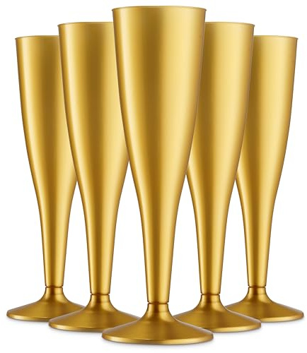 Munfix 30 Pack Gold Plastic Champagne Flutes - 5 Oz Disposable Toasting Glasses - Wedding Party Cocktail Mimosa Plastic Cups