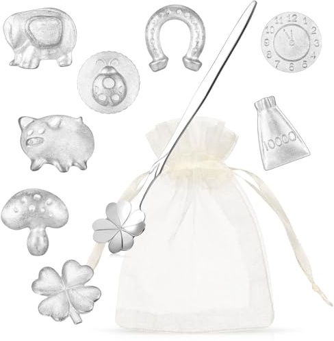 Namalú fundición de Estaño con 8 Figuras 1 Cuchara y bolsa de Organza Nochevieja Vertiendo el Juego de Fiesta de Adivinación La Alternativa Saludable al Yeso con Plomo Juegos de Fiesta de Nochevieja