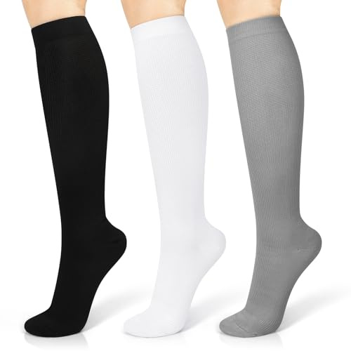 YLK 3 Paia Calze a Compressione Graduata per Donne e Uomo, Potenziano Circolazione, Recupero e Sport, 15-20mmHg, Sportive, Corsa, Giri in Bici, Gravidanza (Nero+Grigio+Bianco, S-M)