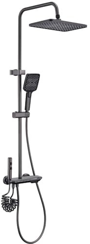 HOMELODY Sistema de ducha con termostato y estante de ducha – Juego completo de grifo de ducha negro con cabezal redondo de lluvia, 3 tipos de chorro, ducha de mano ABS, bloqueo de seguridad a 38 °C