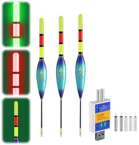 ACAREY Kit de pêche à LED avec détecteur de touche, bouée de pêche de nuit double couleur, flotteurs lumineux 4 g/5 g/6 g/7 g/8 g/9 g, avec chargeur de piles, accessoires de pêche pour rivière et lac