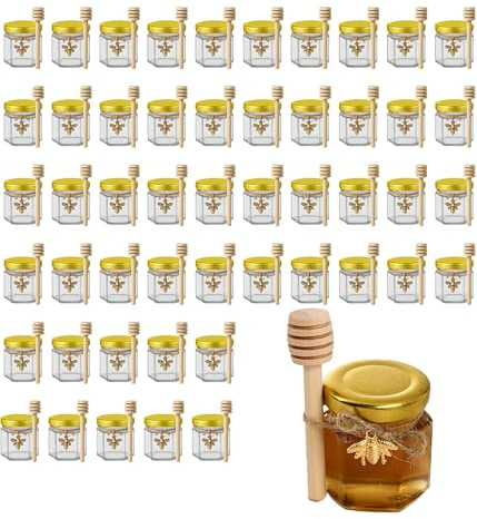 R DRURLCD 50 Pack 1.5 oz Hexagonal Mini Glass Honey Jars in Bulk with Wooden Dipper Bee Charms Thank You Cards Jutes for Baby Shower Wedding Party Favors Gifts
