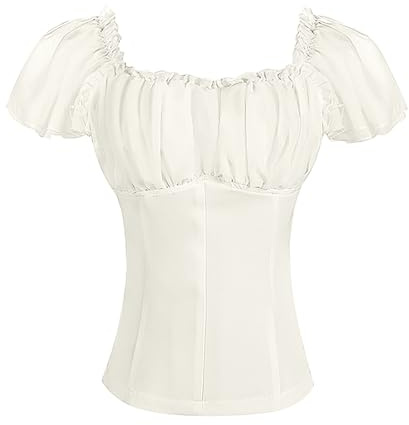DUHENWU Top da donna Renaissance, camicia tradizionale medievale, senza spalline, con volant, corsetto, a maniche corte, abito vichingo, vintage, gotico, costume da pirata, boho, camicia da contadino