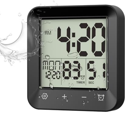 Waterproof Shower Clock, Digital Bathroom Spa Sauna Wall Clock Timer with Temperature, Touch Screen, Countdown and LCD Display, Battery Operated