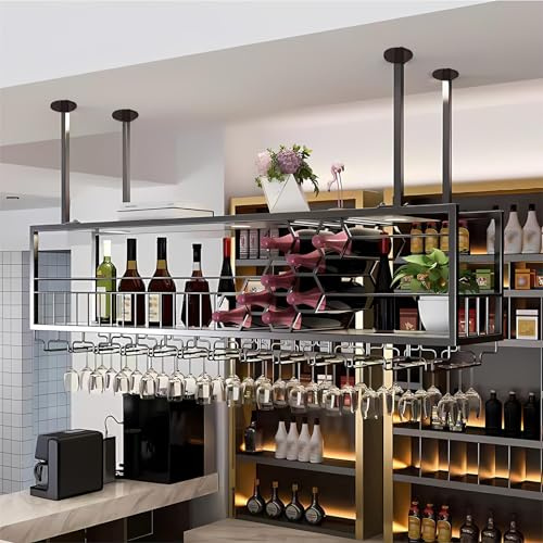 Vinställ för tak, hängande vinglasställ i metall, takvinhylla med glashållare, Flytande hyllor, förvaring av barspritflaskor, vinflaskhållare för bar, restaurang, café, kök (Svart, 100cm)
