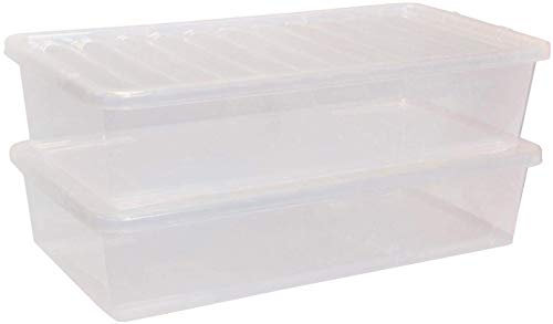 Muddy Hands Pack of 2 Under Bed Plastic Storage Boxes with Lids - 43 Litre Clear Stackable Containers - Space Saving Storage Solution for Bedroom, Toys, Clothes & More