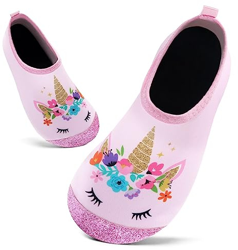 Scarpe da Bagno per Bambini Ragazze Ragazzi Asciugatura Rapida Scarpette da Surf per Piscina Spiaggia Canottaggio(Unicorno Rosa Glitterato,13/13.5 UK Child,32/33 EU)