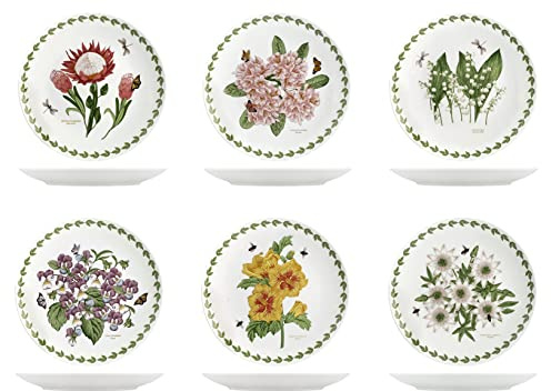 H&H Set di 6 Piatti Piani, Flowers, in Porcellana, 27 cm, Bordo Decorato in Verde con Illustrazioni Botaniche Assortite, Lavabili in Lavastoviglie e Adatti al Microonde