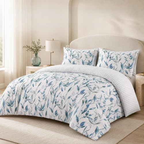 SeventhStitch Duvet Cover Set with Pillowcases 3 Piece, Floral Printed 200 Thread Count Microfiber White & Blue Duvet Cover Bedding Set Double King Super King Bed Size (King)