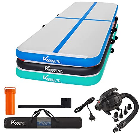 KM KM Fit Turnmatte Aufblasbar Airtrack Gymnastikmatte 4M Tumbling Matte Aufblasbare Fitness-Matte Gymnastikmatte inkl.Tragetasche, elektr.Luftpumpe & Flick-Set Trainingsmatte UV-Beständig Blau