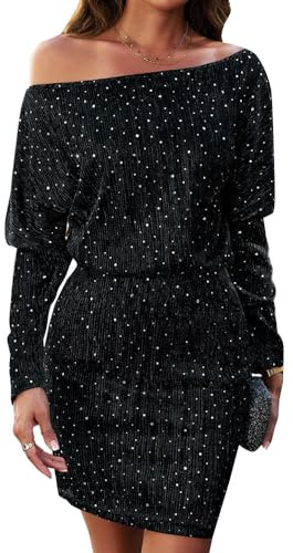 RPAEOY Womens Bodycon Mini Dress Off Shoulder Sequin Long Sleeve Dress Sparkly Elegant Tight Short Wrap Pencil Dresses for Going Out Cocktail Party Club Black L