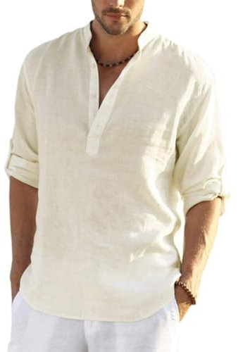 COOFANDY Leinenhemd Herren Hemd Sommer Regular Fit Leinen Sommer Freizeithemd Strand Casual Henley Fischerhemd Beige L