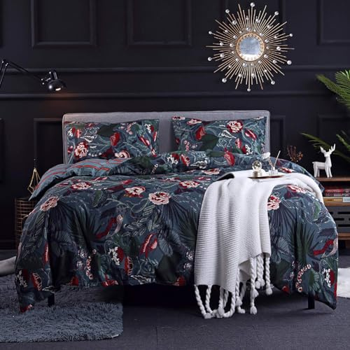 Michorinee Housse de Couette 200x200 Bleu Nuit - Parure de Lit Motif Fleurie Rose avec Fermeture Éclair - Linge de Lit Réversible 2 Personnes Adulte avec 2 Taies d'oreiller 65x65 cm