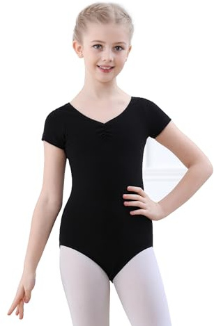 FONLAM Justaucorps de Ballet Danse pour Fille Justaucorps Gymnastique Coton Vêtements Danse Classique Fille Manche Courte (Noir, 9-10 Ans)