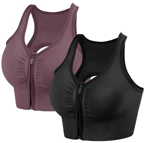 dowskwx 2 Pack Sports Bras for Women Zip Front Closure Yoga Bra Seamless Wirefree Padded High Impact Running Gym Workout Bras (Black Purple, XL)