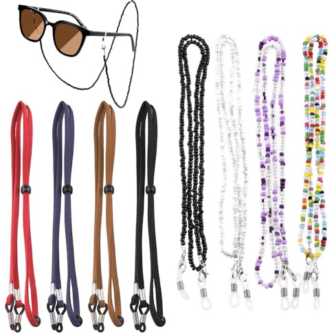 Glarks Juego de 8 correas ajustables de cuero para gafas y cuentas de plástico, retenedor de gafas multicolor, cadenas de soporte de gafas de para mujeres, hombres y niños como cadenas de