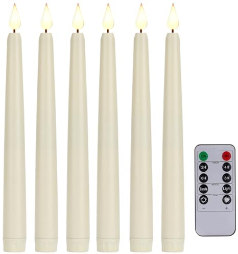 Velas cónicas sin llama con mando a distancia y temporizador, velas LED a pilas con llama 3D parpadeante, velas de plástico de 25 cm para Navidad y decoración del hogar (color marfil, 6)